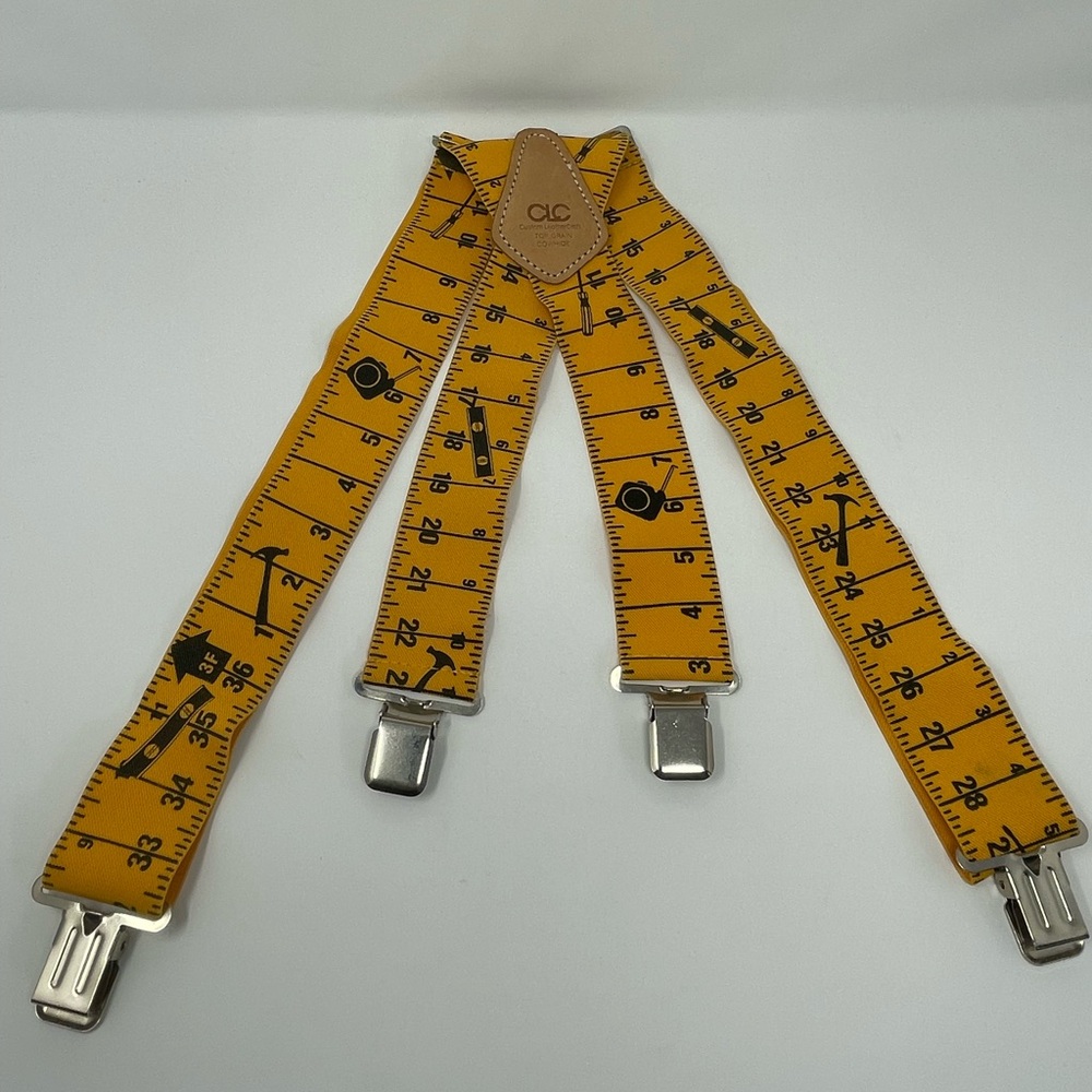 CLC Top Grain Cowhide Clip On Suspenders Yellow Ruler Measuring Tape Adjustable